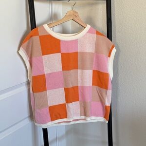 Amazon Women's Pink and Orange Checkered Sweater